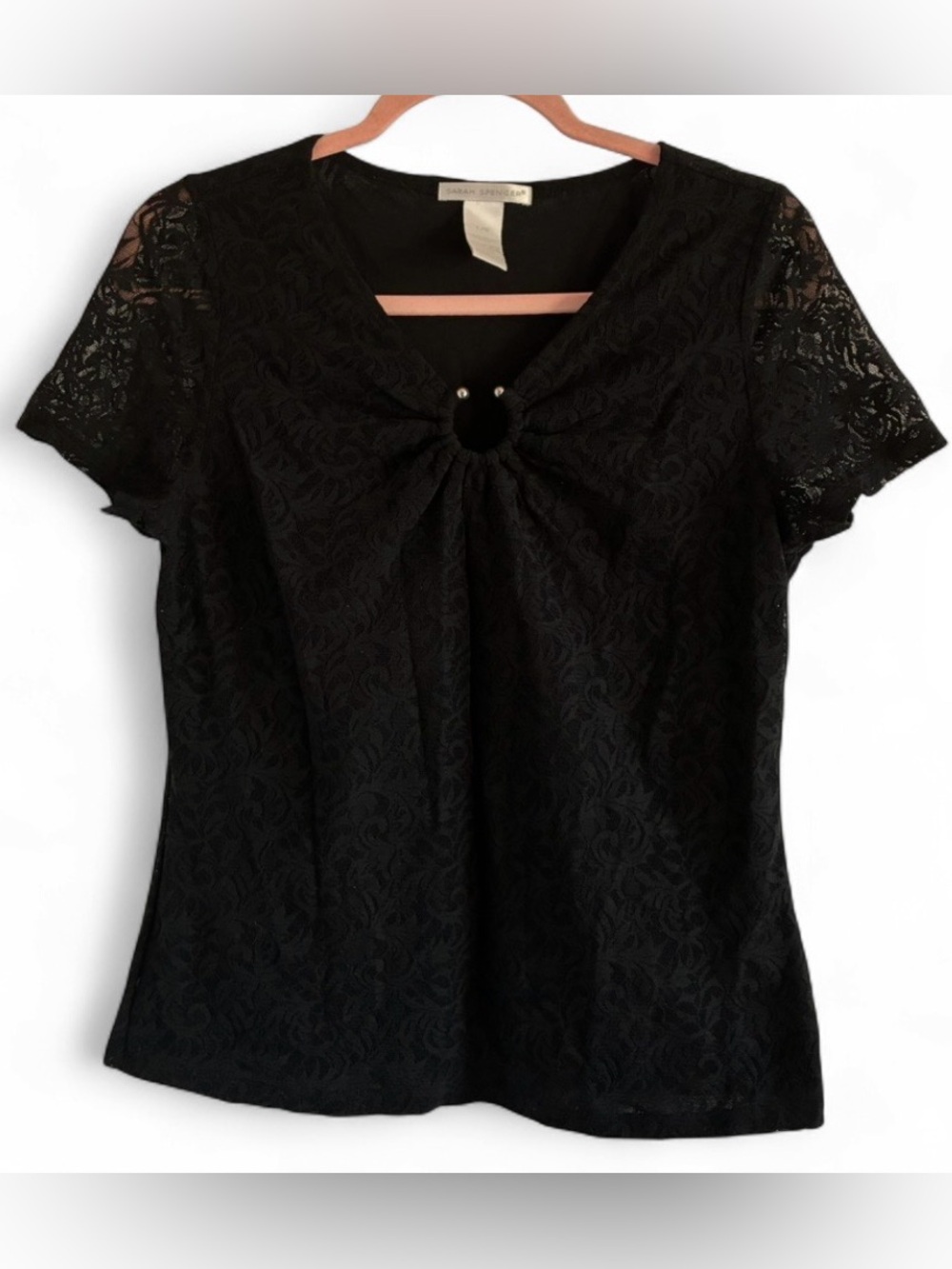 Sarah Spencer Black Lace Short-Sleeve Top with Keyhole Ring Detail